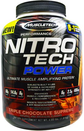 Nitro Tech Power, Ultimate Muscle Amplifying Protein, Triple Chocolate Supreme, 4.00 lbs (1.81 kg) by Muscletech, 體育，肌肉技術硝基科技 HK 香港