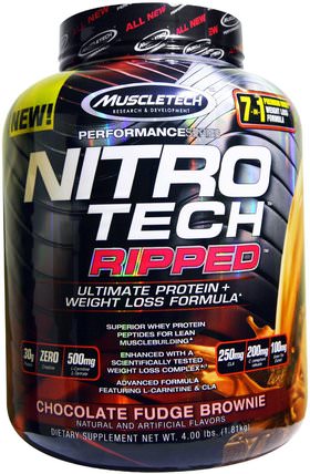 Nitro Tech, Ripped, Ultimate Protein + Weight Loss Formula, Chocolate Fudge Brownie, 4.00 lbs (1.81 kg) by Muscletech, 減肥，飲食，肌肉科技硝基科技 HK 香港