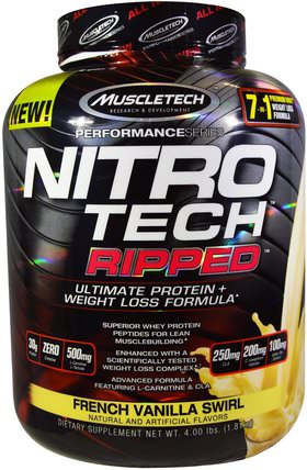 Nitro Tech, Ripped, Ultimate Protein + Weight Loss Formula, French Vanilla Swirl, 4.00 lbs (1.81 kg) by Muscletech, 減肥，飲食，肌肉科技硝基科技 HK 香港