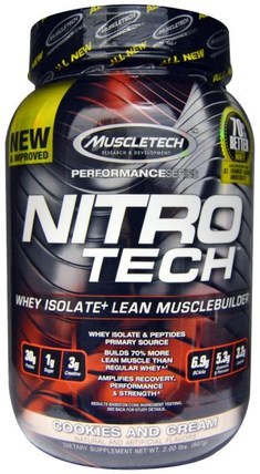 Nitro-Tech, Whey Isolate + Lean Muscle Builder, Cookies and Cream, 2.00 lbs (907 g) by Muscletech, 體育，肌肉技術硝基科技 HK 香港