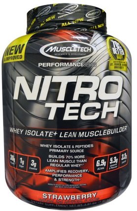 Nitro Tech, Whey Isolate + Lean Muscle, Strawberry, 3.97 lbs (1.80 kg) by Muscletech, 體育，肌肉技術硝基科技 HK 香港