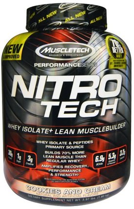 Nitro Tech, Whey Isolate + Lean Musclebuilder, Cookies and Cream, 3.97 lbs (1.80 kg) by Muscletech, 體育，肌肉技術硝基科技 HK 香港
