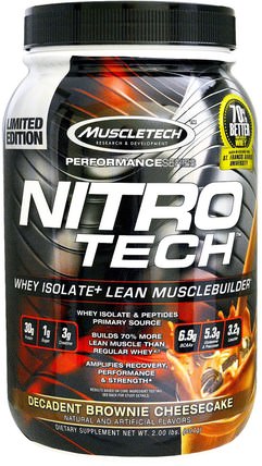Nitro-Tech, Whey Isolate + Lean Musclebuilder, Decadent Brownie Cheesecake, 2.00 lbs (907 g) by Muscletech, 體育，肌肉技術硝基科技 HK 香港