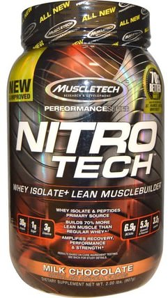 Nitro Tech, Whey Isolate+ Lean Musclebuilder, Milk Chocolate, 2.00 lbs (907 g) by Muscletech, 體育，肌肉技術硝基科技 HK 香港