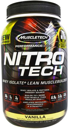 Nitro Tech, Whey Isolate+ Lean MuscleBuilder, Vanilla, 2.00 lbs (907 g) by Muscletech, 體育，肌肉技術硝基科技 HK 香港