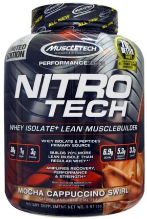 NitroTech, Whey Isolate+ Lean Musclebuilder, Mocha Cappuccino Swirl, 3.97 lbs (1.80 kg) by Muscletech, 體育，肌肉技術硝基科技 HK 香港