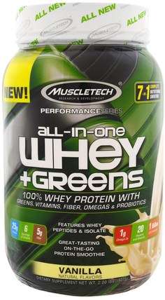 Performance Series, All-In-One Whey + Greens, Vanilla, 2.00 lbs (907 g) by Muscletech, 體育 HK 香港
