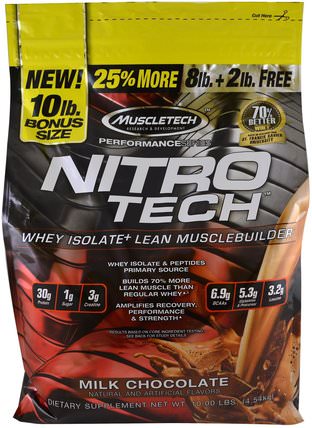 Performance Series, Nitro-Tech, Whey Isolate + Lean Musclebuilder, Milk Chocolate, 10 lbs (4.54 kg) by Muscletech, 體育 HK 香港