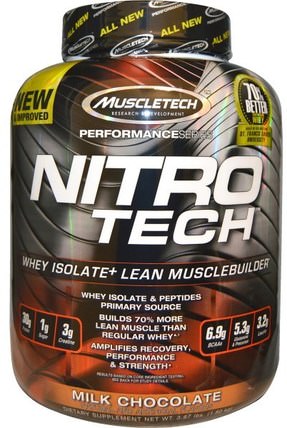 Performance Series, Nitro-Tech, Whey Isolate + Lean Musclebuilder, Milk Chocolate, 3.97 lbs (1.80 kg) by Muscletech, 體育，肌肉技術硝基科技 HK 香港
