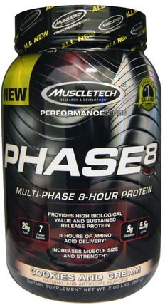 Performance Series, Phase8, Multi-Phase 8-Hour Protein, Cookies and Cream, 2.00 lbs (907 g) by Muscletech, 運動，運動 HK 香港