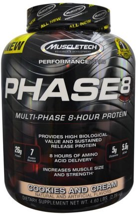 Performance Series, Phase8, Multi-Phase 8-Hour Protein, Cookies and Cream, 4.60 lbs (2.09 kg) by Muscletech, 運動，肌肉 HK 香港