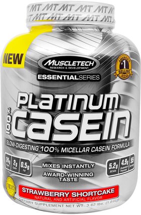 Platinum 100% Casein, Strawberry Shortcake, 3.62 lbs (1.64 kg) by Muscletech, 補充劑，乳清蛋白，運動 HK 香港