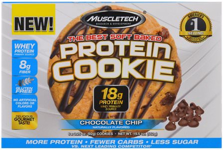 Protein Cookie, Chocolate Chip, 6 Cookies, 3.25 oz (92 g) Each by Muscletech, 體育 HK 香港