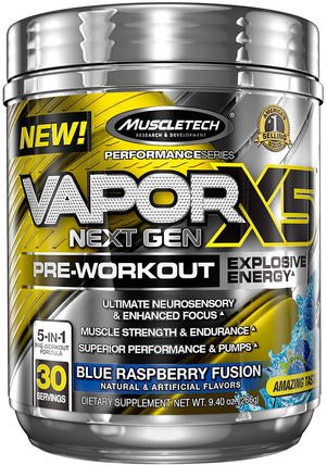 VaporX5 Next Gen, Pre-Workout, Blue Raspberry Fusion, 9.40 oz (266 g) by Muscletech, 補充劑，乳清蛋白，運動 HK 香港