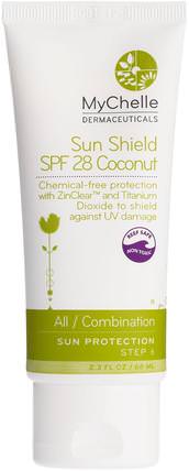 Sun Shield Coconut, SPF 28, All / Combination, Sun Protection, Step 6, 2.3 fl oz (68 ml) by MyChelle Dermaceuticals, 洗澡，美容，防曬霜，spf 05-25，面部護理，皮膚 HK 香港