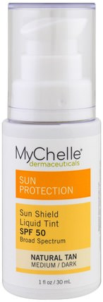 Sun Shield Liquid Tint, SPF 50, Natural Tan, 1 fl oz (30 ml) by MyChelle Dermaceuticals, 美容，面部護理，spf面部護理 HK 香港