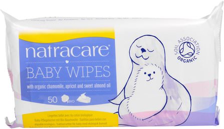 Baby Wipes with Organic Chamomile, Apricot and Sweet Almond Oil, 50 Wipes by Natracare, 兒童健康，尿布，嬰兒濕巾 HK 香港