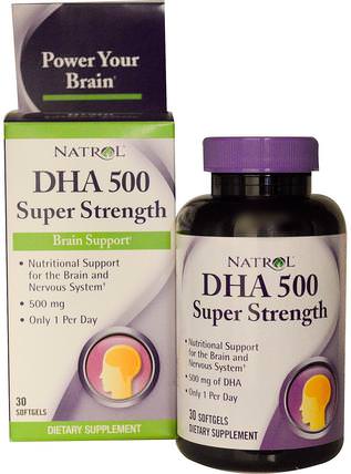 DHA 500, Super Strength, Brain Support, 500 mg, 30 Softgels by Natrol, 補充劑，efa omega 3 6 9（epa dha），dha，魚油 HK 香港