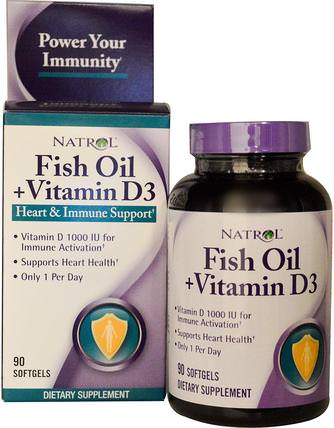 Fish Oil + Vitamin D3, Heart & Immune Support, 90 Softgels by Natrol, 補充劑，efa omega 3 6 9（epa dha），魚油，魚油軟膠囊 HK 香港