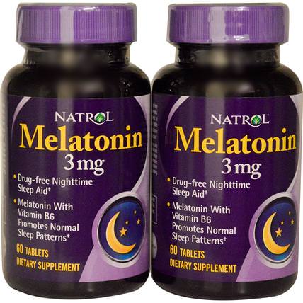 Melatonin, 3 mg, 2 Bottles, 60 Tablets Each by Natrol, 補充劑，褪黑激素3毫克 HK 香港
