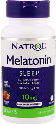 Melatonin, Sleep, Fast Dissolve, Strawberry, 10 mg, 60 Tablets by Natrol, 補充劑，睡眠，褪黑激素 HK 香港