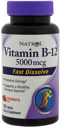 Vitamin B-12, Fast Dissolve, Strawberry Flavor, 5000 mcg, 100 Tablets by Natrol, 維生素，維生素b HK 香港