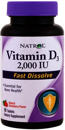 Vitamin D3, Fast Dissolve, Natural Strawberry Flavor, 2.000 IU, 90 Tablets by Natrol, 維生素，維生素D3 HK 香港