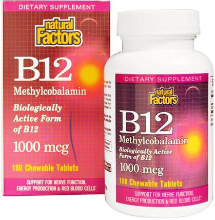 B12, Methylcobalamin, 1000 mcg, 180 Chewable Tablets by Natural Factors, 維生素，維生素b，維生素b12，維生素b12 - 甲基鈷胺素 HK 香港