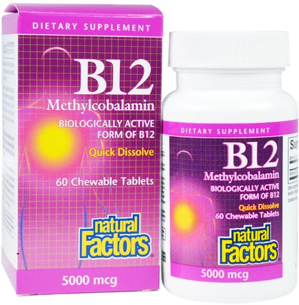 B12, Methylcobalamin, 5000 mcg, 60 Chewable Tablets by Natural Factors, 維生素，維生素b，維生素b12，維生素b12 - 甲基鈷胺素 HK 香港