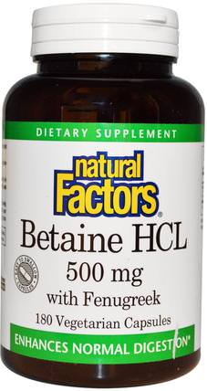 Betaine HCL, with Fenugreek, 500 mg, 180 Veggie Caps by Natural Factors, 補充劑，甜菜鹼hcl，酶 HK 香港