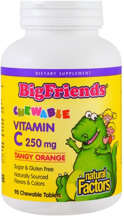 Big Friends, Chewable Vitamin C, Tangy Orange, 250 mg, 90 Chewable Wafers by Natural Factors, 維生素，維生素C，維生素C咀嚼片 HK 香港