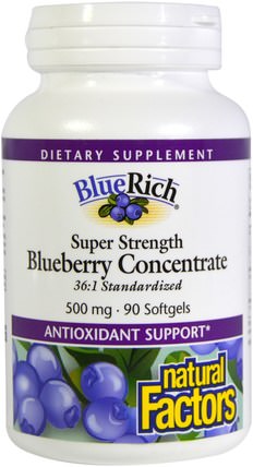 BlueRich, Super Strength, Blueberry Concentrate, 500 mg, 90 Softgels by Natural Factors, 草藥，藍莓 HK 香港