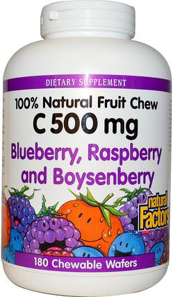 C 500 mg, Blueberry, Raspberry and Boysenberry, 180 Chewable Wafers by Natural Factors, 維生素，維生素C，維生素C咀嚼片 HK 香港