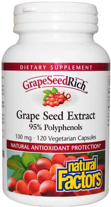 GrapeSeedRich, Grape Seed Extract, 100 mg, 120 Veggie Caps by Natural Factors, 補充劑，抗氧化劑，葡萄籽提取物 HK 香港