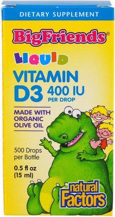 Big Friends, Liquid, Vitamin D3, 400 IU, 0.5 fl oz (15 ml) by Natural Factors, 維生素，維生素D3，維生素D3液體 HK 香港