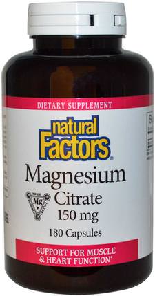 Magnesium Citrate, 150 mg, 180 Capsules by Natural Factors, 補充劑，礦物質，檸檬酸鎂 HK 香港