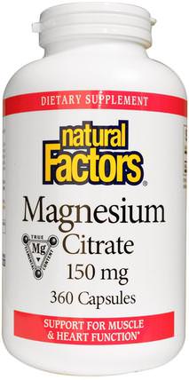 Magnesium Citrate, 150 mg, 360 Capsules by Natural Factors, 補充劑，礦物質，檸檬酸鎂 HK 香港