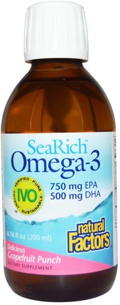 SeaRich, Omega-3, 750 mg EPA/500 mg DHA, Delicious Grapefruit Punch, 6.76 fl oz (200 ml) by Natural Factors, 補充劑，efa omega 3 6 9（epa dha），魚油液體 HK 香港