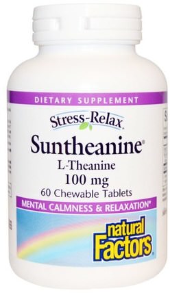 Stress-Relax, Suntheanine, L-Theanine, 100 mg, 60 Chewable Tablets by Natural Factors, 補充劑，茶氨酸，天然因子l-茶氨酸 HK 香港