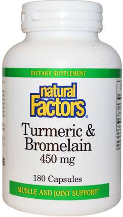 Turmeric & Bromelain, 450 mg, 180 Capsules by Natural Factors, 補充劑，抗氧化劑，薑黃素，薑黃 HK 香港