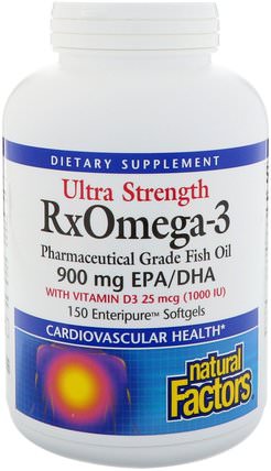 Ultra Strength, RxOmega-3, with Vitamin D3, 900 mg EPA/DHA, 150 Enteripure Softgels by Natural Factors, 補充劑，efa omega 3 6 9（epa dha），dha，epa，omega 369 caps / tabs HK 香港