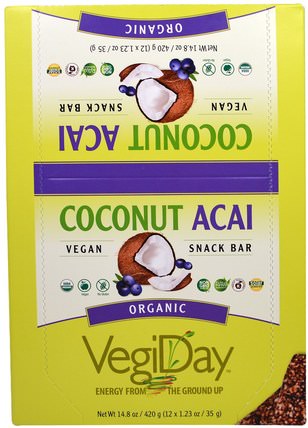 VegiDay, Organic Snack Bar, Coconut Acai, 12 Bars, 1.23 oz (35 g) Each by Natural Factors, 運動，蛋白質棒 HK 香港