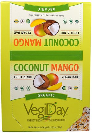 VegiDay, Organic Vegan Bar, Coconut Mango, 12 Bars, 1.23 oz (35 g) Each by Natural Factors, 運動，蛋白質棒 HK 香港