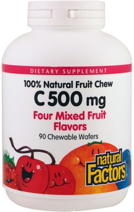 Vitamin C, Four Mixed Fruit Flavors, 500 mg, 90 Chewable Wafers by Natural Factors, 維生素，維生素c HK 香港