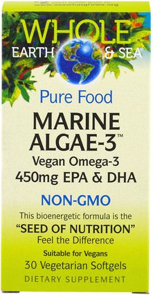 Whole Earth & Sea, Marine Algae-3, 450 mg EPA & DHA, 30 Veggie Caps by Natural Factors, 補充劑，efa omega 3 6 9（epa dha），dha，epa HK 香港