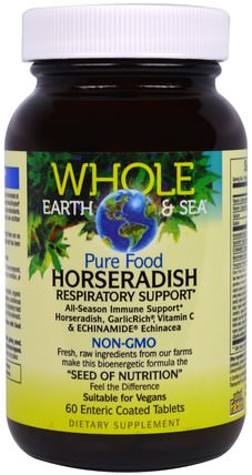 Whole Earth & Sea, Pure Food Horseradish, 60 Enteric Coated Tablets by Natural Factors, 健康，鼻腔健康，辣根，呼吸支持 HK 香港