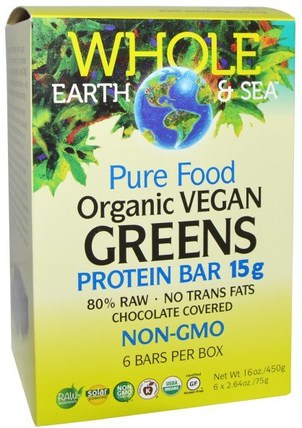 Whole Earth & Sea, Pure Food Organic Vegan Greens Protein Bars, Chocolate Covered, 6 Bars, 2.64 oz (75 g) Each by Natural Factors, 運動，蛋白質棒 HK 香港