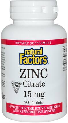 Zinc Citrate, 15 mg, 90 Tablets by Natural Factors, 補品，礦物質，鋅 HK 香港