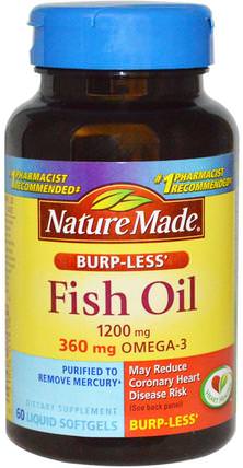 Fish Oil, Omega-3, Burp-Less, 1200 mg, 60 Liquid Softgels by Nature Made, 補充劑，efa omega 3 6 9（epa dha），魚油，魚油軟膠囊 HK 香港