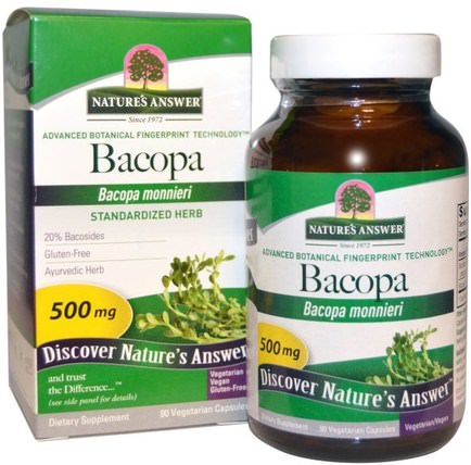 Bacopa, 500 mg, 90 Vegetarian Capsules by Natures Answer, 健康，注意力缺陷障礙，添加，adhd，腦，記憶，草藥，bacopa（brahmi） HK 香港